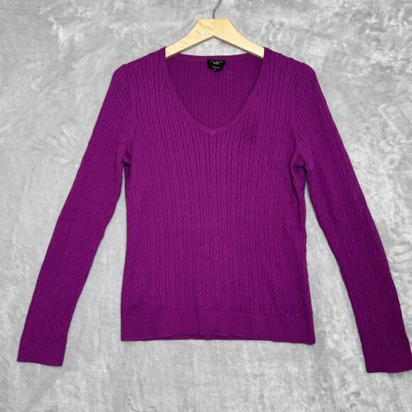 Talbots Sweater Womens Medium Purple Cable Knit V Neck 100% Pima Cotton Pullover - Picture 1 of 9